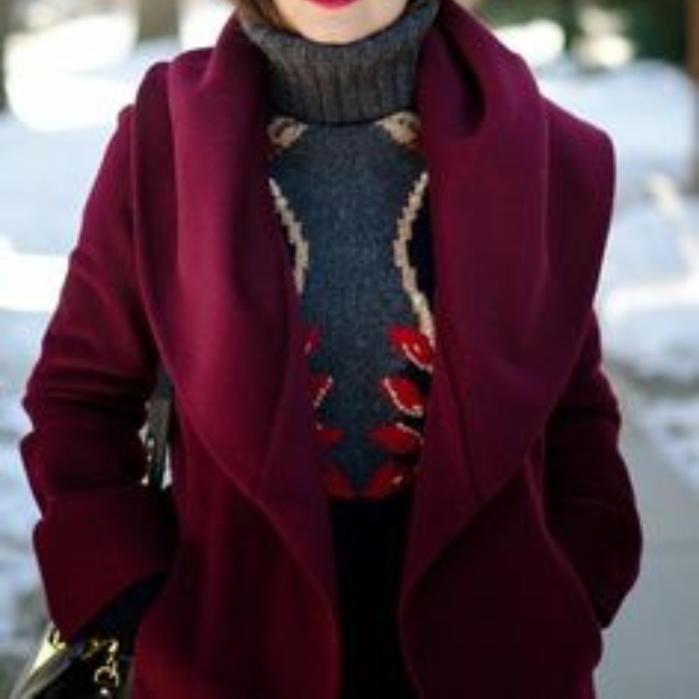 Eli TAHARI Cranberry Wool Wrap Caplet Collar Coat